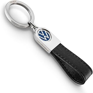 Keyring VW logo, leather loop – VW LEATHER – leather, metal – black, blue, silver-coloured Original