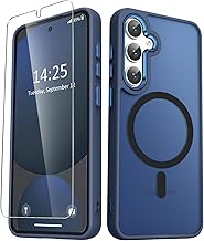 for Samsung Galaxy S25 Case, Matte Magnetic Phone Case with 1 Screen Protector, Support for Magsafe, Translucent Frosted Shockproof Protective Cover for Samsung Galaxy S25, Navy Blue
