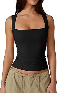 Women's Double Layer Tank Tops Square Neck Sleeveless Basic Tight T Shirts