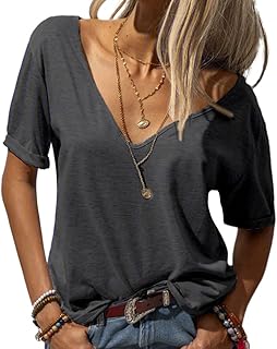 Women Fashion Deep V-Neck Short Sleeve Tops Solid Casual Loose Basic T Shirt