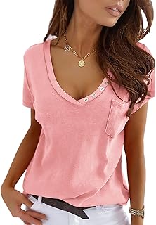 Women's Shirts Summer V-Neck Short Sleeve T-Shirts Casual Basic Plain Tee Tops with Pocket