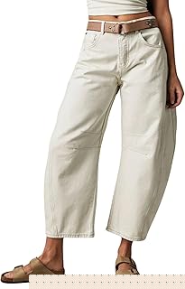 Womens Stretchy Mid Rise Barrel Jeans Vintage Loose Wide Leg Cropped Denim Pants Y2k Baggy Boyfriend Jeans