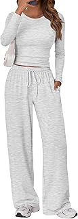 Women's 2 Piece Matching Lounge Set Long Sleeve Side Ruching Top Wide Leg Drawstring Pants Set with Pockets