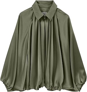 Womens Satin Puffed Bomber Jacket Oversized Batwing Sleeve Lapel Collar Pleated Zip Up Outerwear Shirts