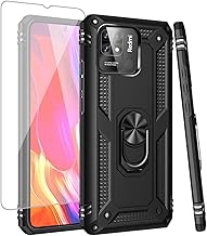 for Xiaomi Redmi 10C 220333QBI Case with Tempered Glass Screen Protector, [Military Grade] Magnetic Car Ring Holder Mount Kickstand Protective Phone Cover Case for Xiaomi Redmi 10C (Black)
