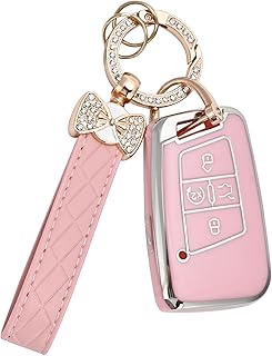 Key Fob Cover for Volkswagen with Keychain, Soft TPU Protection Car Key Case for VW Tiguan Atlas Taos SEL Jetta GLI Passat Arteon Golf Alltrack Remote Start Smart Key (Pink)