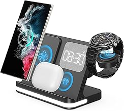 4 in 1 Wireless Charger with Alarm Clock Compatible for Galaxy Watch 8/7/Ultra/FE/6 Pro Galaxy S26 Pro/Ultra/S25+/S24/S23/Note 20/Z Flip 7/6/5 Fold Galaxy Buds4/2/Pro Multiple Devices Charging Station