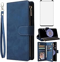 Compatible with Samsung Galaxy S9 Wallet Case Tempered Glass Screen Protector and Leather Flip Cover Card Holder Stand Cell Accessories Phone Cases for Glaxay S 9 Edge 9S GS9 Women Men Blue