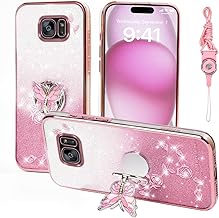 for Samsung Galaxy S7 (Not Fit S7 Edge) Phone Case,for Mobile Phone Case for Women and Girl, Glitter Butterfly Floral TPU Protective Cover with Kickstand+Strap for Samsung S7 (Pink)