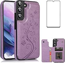 Case for Samsung Galaxy S22 5G with Tempered Glass Screen Protector， Flip Wallet Cases Leather Stand with Card Holder，Double Magnetic Clasp and Durable Shockproof Cover Glaxay S22 (Purple)