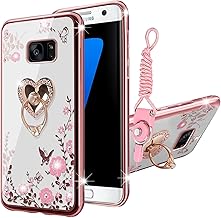 for Samsung s7 Case, Samsung Galaxy S7 Phone Case for Women Glitter Crystal Soft Bling Cute Butterfly Heart Floral Clear Protective Cover with Kickstand+Strap for S7 (Rose Gold)