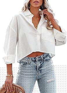 Womens Button Down Cropped Shirts Long Sleeve Casual Crop Tops Solid Lapel Blouse Shirt with Chest Pocket