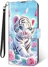 Wallet Case for Samsung Galaxy S25 with RFID Blocking Credit Card Holder, Flip PU Leather Magnetic Closure Wrist Strap Phone Cover for Samsung Galaxy S25, Cute White Tiger Cub