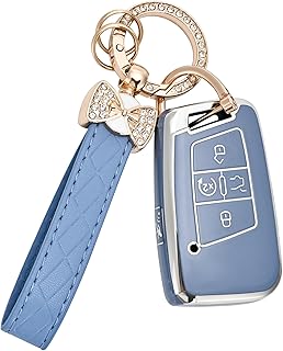 Key Fob Cover for Volkswagen with Keychain, Soft TPU Protection Car Key Case for VW Tiguan Atlas Taos SEL Jetta GLI Passat Arteon Golf Alltrack Remote Start Smart Key (Blue)