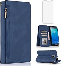 Compatible with Samsung Galaxy J2 Pure J2 Core 2018 2020 J 2 Dash 2J Shine 2019 Wallet Case Tempered Glass Screen Protector Zipper Flip Cover Card Holder for J2Core J2Dash J2Pure J2Shine SM-J260A Blue