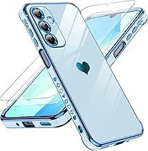 LeYi for Samsung A16-5G Case: with Tempered Glass Screen Protector [2 Pcs]+ Full Camera Lens Protection,Love Heart Plating Girly Luxury Shockproof Case for Galaxy A 16,Sierra Blue