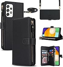 for Samsung Galaxy A52 5G Wallet Case with Card Holder for Women, Crossbody Lanyard Strap Kickstand PU Leather Case with Zipper Pocket Credit Card Slots Cover (Black)
