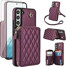 Phone Case for Samsung Galaxy S22 Plus S22+ 5G Wallet Cell Cover with Tempered Glass Screen Protector Wrist Crossbody Strap RFID Blocking Card Holder S22+5G S22plus 22S + S 22 22+ Women Dark Purple