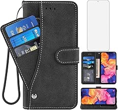 Asuwish Compatible with Samsung Galaxy A10e Wallet Case and Tempered Glass Screen Protector Flip Credit Card Holder Stand Cell Accessories Phone Cover for Glaxay A 10e Gaxaly 10ae S102DL Men Black