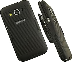 Nakedcellphone Black Ribbed Rubberized Hard Case Cover + Belt Clip Holster with Stand for Samsung Galaxy Core Prime Phone (aka Galaxy Prevail LTE) SM-G360, S820