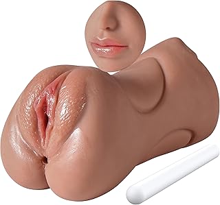 3 in 1 Pocket Pussy Male Masturbator, Adult Sex Toys with 3D Textured Vagina & Tight Anus & Drying Stick, Sex Doll Male Blowjob Stroker with Real Mouth Tongue for Man Masturbation Pleasure(Wheat)