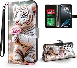 for Samsung Galaxy S25 Case Wallet with Card Holder, White Tiger Cub with Pink Rose Magnetic Snap and RFID Blocking Leather Flip Cover/Kickstand Phone Case