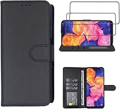 Compatible with for Samsung Galaxy A10e/A20e Wallet Case [2 Pack] Tempered Glass Screen Protector, Leather Flip Credit Card Holder Stand Phone Cover (Black, for Galaxy A10E and Galaxy A20E)