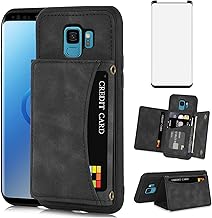 Phone Case for Samsung Galaxy S9 Wallet Cover with Tempered Glass Screen Protector and PU Leather Credit Card Holder Stand Rugged Slot Mobile Cell Accessories S 9 Edge 9S GS9 Women Men Black