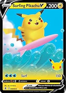 Celebrations Surfing Pikachu V, 25th Anniversary Full Art Rare Holo + Surprise Card!