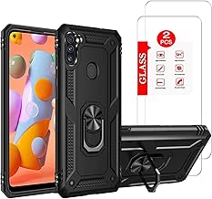for Samsung Galaxy A11 Case with [2 Pack] Tempered Glass Screen Protector, for Galaxy A11 Heavy Duty Armor [Military-Grade] Protective，with Magnetic Kickstand for Samsung A11 Phone Case Black