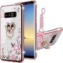 for Note 8 Phone Case,Galaxy Note 8 case for Women Glitter Crystal Soft Bling Butterfly Heart Floral Clear Protective Cover with Kickstand+Strap for Samsung Note 8 (Rose Gold)