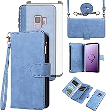 Phone Case for Samsung Galaxy S9 Zipper Wallet Detachable Cell Cover with Tempered Glass Screen Protector Crossbody Lanyard Strap Flip Card Holder Slot S 9 Edge 9S GS9 Women Men Girls Blue