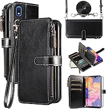 Phone Case for Samsung Galaxy A10 Cover with Tempered Glass Screen Protector and Lanyard Zipper Wallet Card Holder Slot Stand Mobile Cell Accessories A 10 10A SM A105M 6.2 inch Women Men Black
