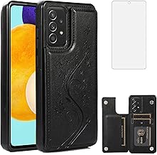 Phone Case for Samsung Galaxy A52 5G/4G with Tempered Glass Screen Protector and Card Holder Wallet Cover Stand Flip Leather Cell Accessories Glaxay A 52 G5 Gaxaly 52A S52 Cases Women Men Black