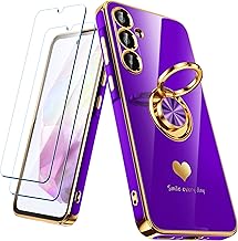 for Samsung Galaxy A35 5G Case with 2 Pack Screen Protector, 360° Rotatable Ring Holder [Luxury Hearts Pattern] Plating Gold Edge Slim Soft Phone Cover Case for Galaxy A35 - Neon Purple