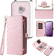Phone Case for Samsung Galaxy S9 Zipper Wallet Detachable Cell Cover with Tempered Glass Screen Protector Crossbody Lanyard Strap Glitter Flip Card Holder Slot S 9 Edge 9S GS9 Women Girls Pink