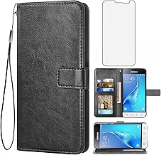Compatible with Samsung Galaxy J1 2016/Amp 2/Express 3/Luna Wallet Case Tempered Glass Screen Protector and Leather Flip Cover Card Holder Stand Cell Phone Cases for Glaxay Amp2 SM-J120A Black