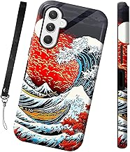 for Samsung Galaxy A25 5G Phone Case 6.5 Inch with Wrist Strap, Dual Layer Hard PC & Silicone Protective Design Heavy Duty Shockproof Glossy Cover for Women Men, Sea Waves Red Sunset