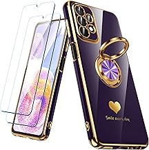 for Samsung Galaxy A23 5G/4G Case with 2 Pack Screen Protector, 360° Rotatable Ring Holder [Luxury Hearts Pattern] Plating Gold Edge Slim Soft Phone Cover Case for Galaxy A23 - Purple
