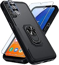 Compatible with Samsung Galaxy A14 5G Case with Screen Protector+Camera Lens Protector,Heavy Duty Full Body Phone Cover Built in Ring Holder Kickstand,2023 Black Matte