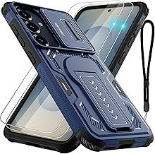Case for Samsung Galaxy S25/S24 with 2*Screen Protector, Slide Camera Cover, Kickstand, Lanyard Strap, Dual Layer Rugged Non-Slip, Blue