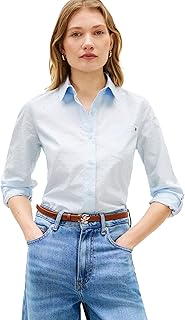 Women's Cotton Poplin Long Sleeve Button Down Shirt in Regular Fit with Roll Up Sleeve