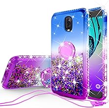 SOGA Cover Compatible for Samsung Galaxy J7 (2018) J737/J7 Star/J7 Refine/Galaxy J7V (2018) Case, Liquid Floating Quicksand Case with Diamond Metal Ring for Magnetic Car Mount - Purple on Blue