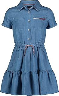 Girls' Short Sleeve Lightweight Denim Dress, Collared with Cinched Waist