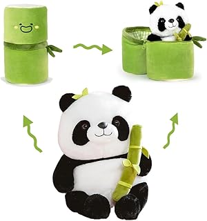 Cute Panda Plush Toy with Bamboo Cover, Kawaii Panda Stuffed Toy, Animal Panda Plush Doll Pillow for Kids Funny Birthday Gift (9.8in)