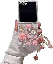 for Samsung Galaxy Z Flip 7 Bling Case Luxury Cute Diamond Glitter Crystal Rhinestone 3D Rose Flowers Pearl Handmade Phone Cover for Women Girls with Bracelet Lanyard,Pink