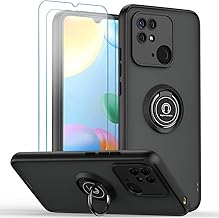 Case Compatible Xiaomi Redmi 10C/Poco C40,TPU + Hard PC Shockproof Magnetic Ring Car Stand Cover with Screen Protector,Black