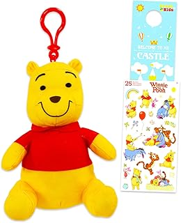 Plush Keychain Set - Bundle with 6" Pooh Bear Zipper Pull Pouch Plushie, Stickers, More | Winnie the Pooh Wallet Bag Clips Party Favor