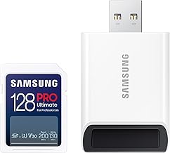 Samsung PRO Ultimate Full Size Memory Card+USBReader, 128GB SDXC, Up to 200 MB/s, 4K UHD, UHS-I, C10, U3, V30, A2 for DSLR, Mirrorless Cameras, PCs, MB-SY128SB/AM