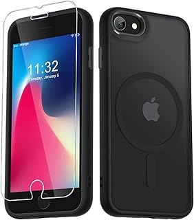 YENAPOON for iPhone SE Case 2022(3rd)/2020(2nd), iPhone 8/7 Case, with 1 Screen Protector, Matte Magnetic Slim Phone Cover, Support for Magsafe, Shockproof Protection Translucent Frosted Back,Black